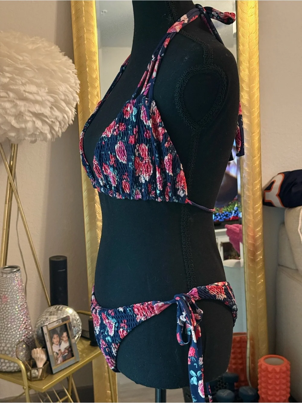 Tori Praver Floral Handmade Bikini Set in Navy & Pink Rose